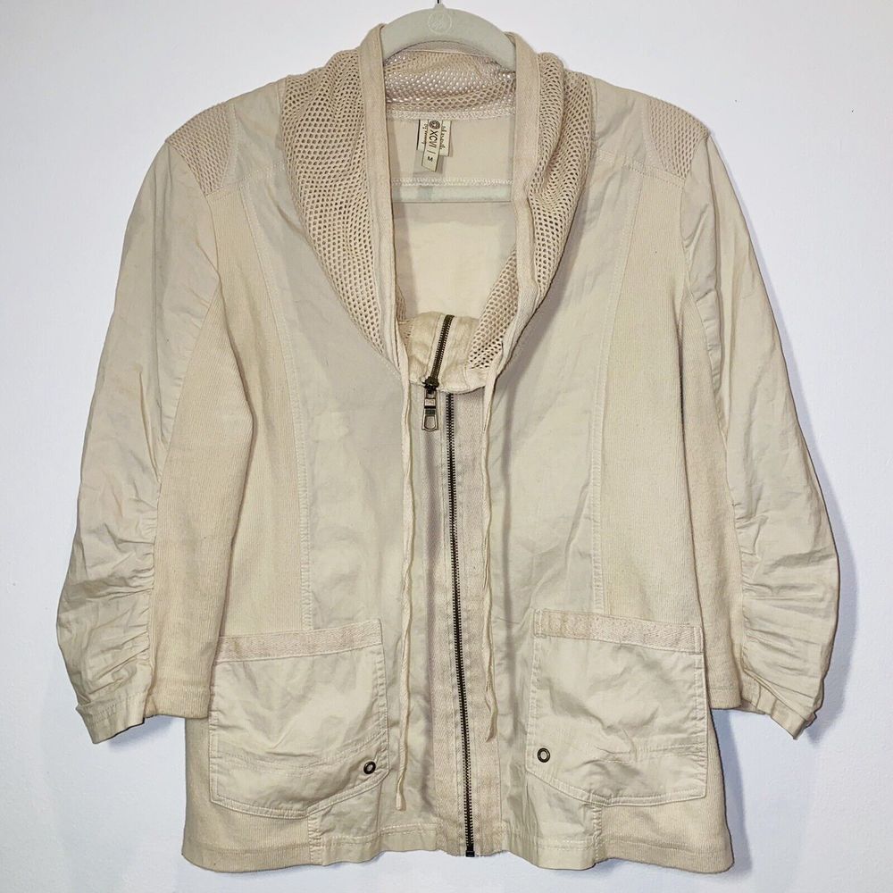 XCVI Women’s Size Medium Ecru Jacket Beige Zip Front 3/4 Sleeve
